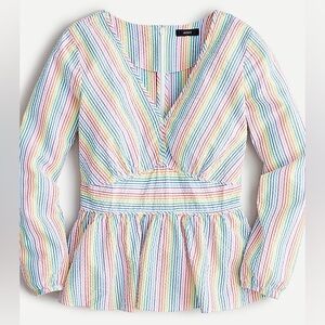 J. Crew Rainbow Stripe Seersucker V-neck Peplum Top Size 4